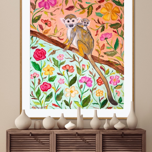 Squirrel Monkeys Art Print Oil Painting tropical floral botanical animal decor - Picture 5 of 9
